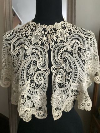 Important Stunning Antique Handmade Guipure Lace Caplet 66 " By 12 "