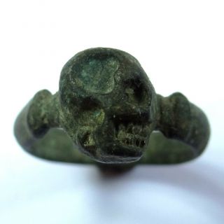 Roman Ancient Artifact Bronze Gladiator Ring With Skull