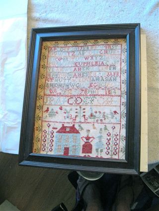 Nr - Folk Art 1834 Blue House Sampler W/red Roof - Fanciful People In Period Dress