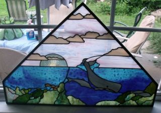 Vtg Lg Stained Glass Under The Sea Whale Turtles & Dolphins / Awesome - No Res