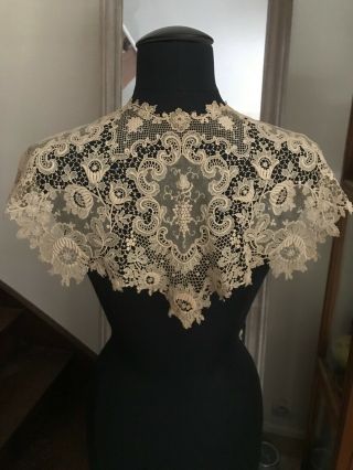 Antique Guipure Lace Shawl - Embroidery On Silk Net 53 " By 9 1/2 "
