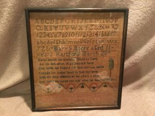 Antique Sampler By Mary S Moore,  Age 11,  Hartford March 28,  1802