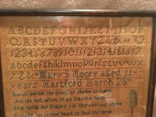 Antique Sampler by Mary S Moore,  age 11,  Hartford March 28,  1802 2