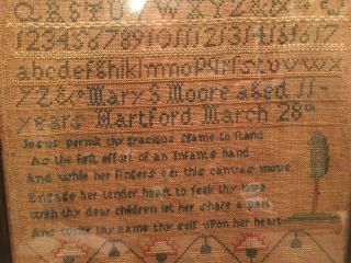Antique Sampler by Mary S Moore,  age 11,  Hartford March 28,  1802 3