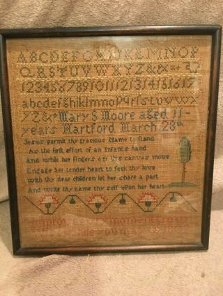 Antique Sampler by Mary S Moore,  age 11,  Hartford March 28,  1802 7