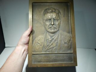 LARGE PRESIDENT THEODORE TEDDY ROOSEVELT HIGH RELIEF BRONZE PLAQUE - 14 X 9 3/4 8