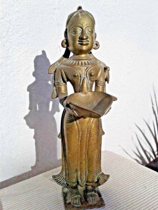 Large Antique Brass Hindu Indian Meenakshi Goddess Figurine Oil Lamp Circa 19th