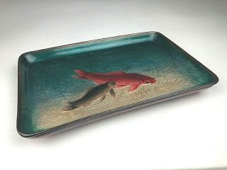 A JAPANESE RECTANGULAR CLOISONNE FOOTED DISH WITH FISH. 2