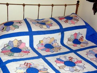Vintage 30 ' s Grandma ' s Garden Cotton Feed Sack Quilt.  Double Sz.  Hand Quilted 11