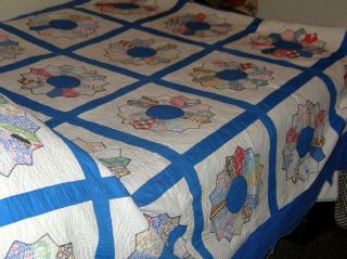 Vintage 30 ' s Grandma ' s Garden Cotton Feed Sack Quilt.  Double Sz.  Hand Quilted 3