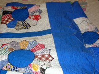 Vintage 30 ' s Grandma ' s Garden Cotton Feed Sack Quilt.  Double Sz.  Hand Quilted 8