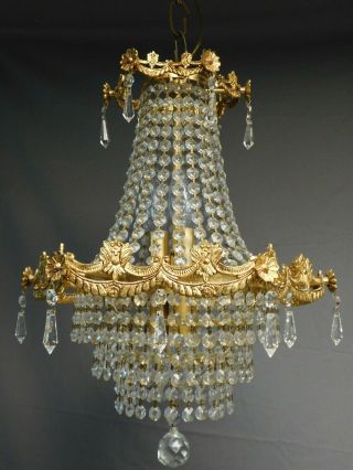 Antique Golden Brass Basket Chandelier 6 Lights Quality Lead Crystals