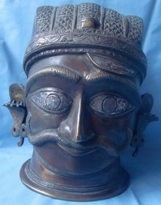 Old Brass Statue Of Hindu God Shiv Face Head With Copper Silver Carved Figurine