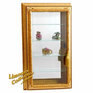 Italian Gold Gilt Rectangular Vitrine Wall Display Curio Cabinet Glass Shelves