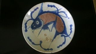 Rare Chinese Ming Dynasty Early 17th C Porcelain Fish Plate - Signed on Front 4