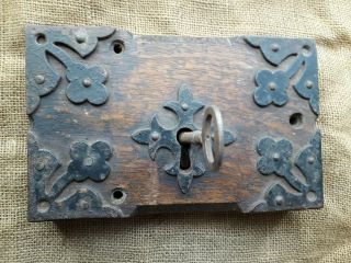 Large Antique Wood And Iron Mortice Lock With Key.