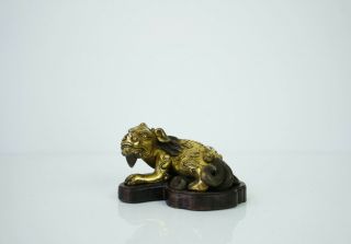 A Gilt Bronze Figure Of A Seated Mystical Beast,  With A Wooden Stand