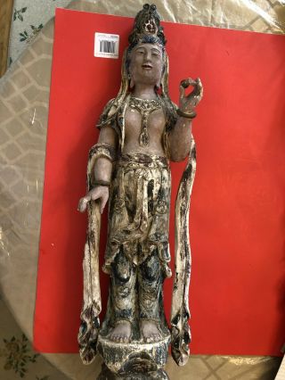 Antique Chinese Wood Carved Buddha Quan Yin Statue,  H 30”