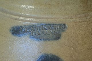 Antique N Clark & Co,  Lyons,  Stoneware Crock 3 Gal Name in Blue Slip C 1822 - 1852 4