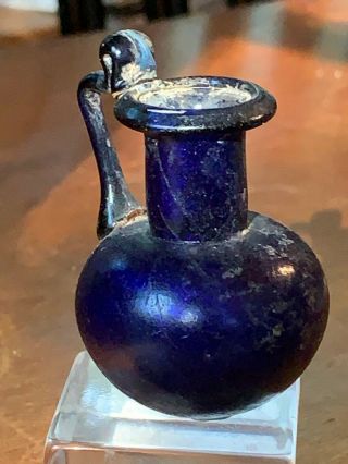 Roman - Blown Cobalt Handled Jug,  1st Century 2 1/4 Inches High,  Cobalt Blue