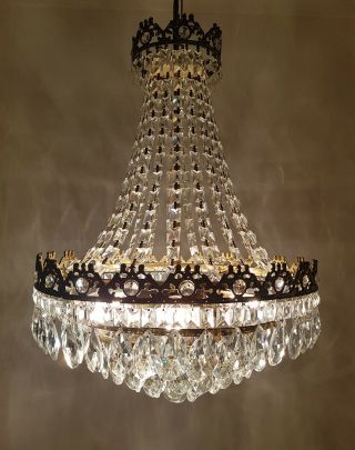 Antique French Basket Style Brass & Crystals LARGE Chandelier from 1950 ' s 3