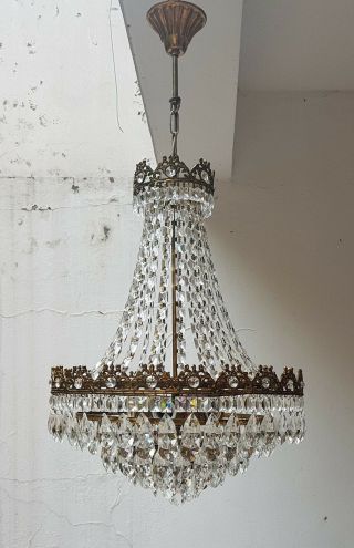 Antique French Basket Style Brass & Crystals LARGE Chandelier from 1950 ' s 4