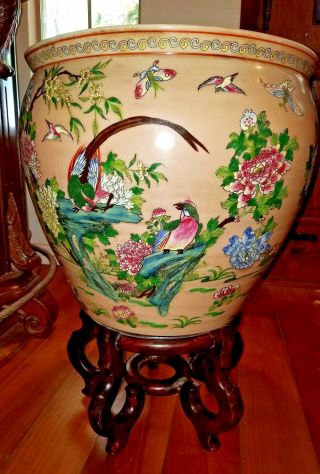 Large Chinese Famille Rose Fish Bowl With Wooden Stand 18 "