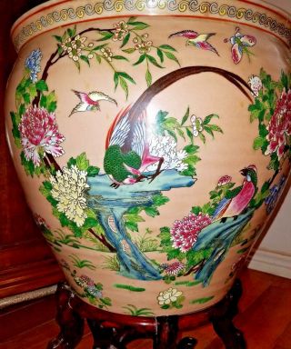 Large Chinese Famille Rose Fish Bowl with Wooden Stand 18 