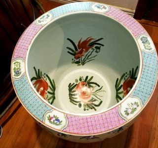 Large Chinese Famille Rose Fish Bowl with Wooden Stand 18 