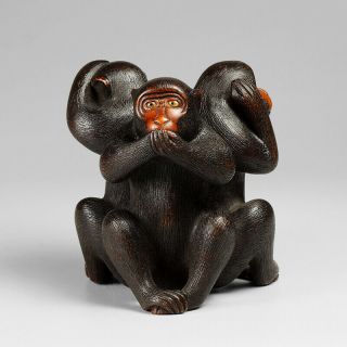 19th Century Wooden Sambiki Saru Monkeys Okimono,  Signed Mitsu