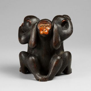 19th century wooden Sambiki saru Monkeys Okimono,  signed Mitsu 3
