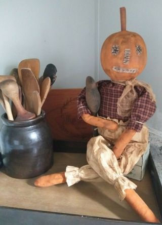 Primitive Orange Pumpkin Doll Holding Black Crow Harvest Fall Halloween