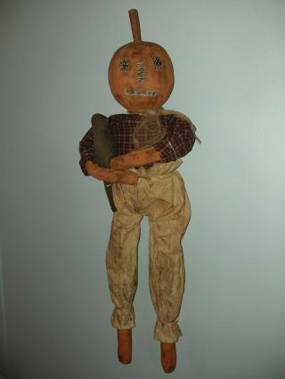 Primitive Orange Pumpkin Doll holding Black Crow Harvest Fall Halloween 2