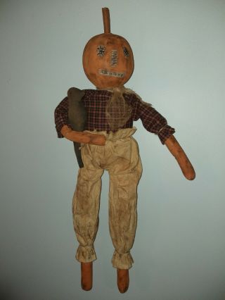 Primitive Orange Pumpkin Doll holding Black Crow Harvest Fall Halloween 3