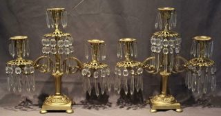 Pair Antique French Gilt Bronze Patina Candelabra W/ Cut Crystal Glass Prisms