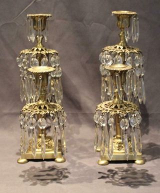Pair Antique French Gilt Bronze Patina Candelabra w/ Cut Crystal Glass Prisms 2