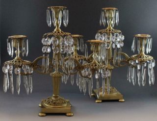 Pair Antique French Gilt Bronze Patina Candelabra w/ Cut Crystal Glass Prisms 4