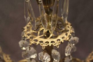 Pair Antique French Gilt Bronze Patina Candelabra w/ Cut Crystal Glass Prisms 8