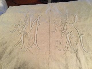 Antique French Linen & Cotton Sheet Monogrammed M R