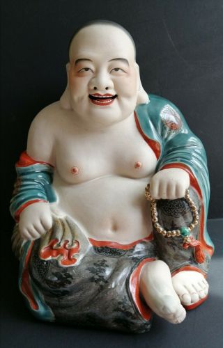 12 " Antique Chinese Porcelain Happy Laughing Buddha Famille Rose Enamels Bisque