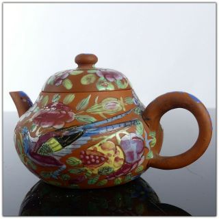 Antique Chinese Yixing Teapot Enamel Painted Scene Butterfly Birds Signed