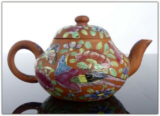 ANTIQUE CHINESE YIXING TEAPOT ENAMEL PAINTED SCENE butterfly birds signed 2