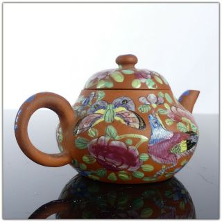 ANTIQUE CHINESE YIXING TEAPOT ENAMEL PAINTED SCENE butterfly birds signed 3