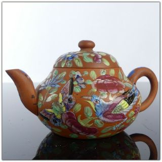 ANTIQUE CHINESE YIXING TEAPOT ENAMEL PAINTED SCENE butterfly birds signed 4