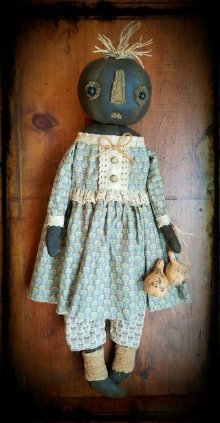 ☆ Primitive Folk Art Halloween Fall Black Pumpkin OOAK Doll w/Gourd Sit orHang 2