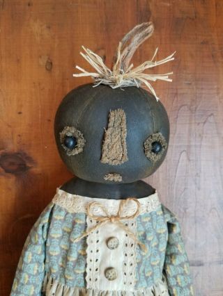 ☆ Primitive Folk Art Halloween Fall Black Pumpkin OOAK Doll w/Gourd Sit orHang 3