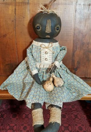 ☆ Primitive Folk Art Halloween Fall Black Pumpkin OOAK Doll w/Gourd Sit orHang 7