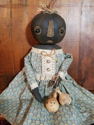 ☆ Primitive Folk Art Halloween Fall Black Pumpkin OOAK Doll w/Gourd Sit orHang 8