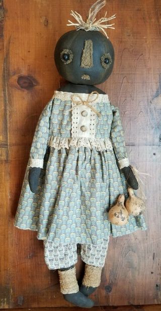 ☆ Primitive Folk Art Halloween Fall Black Pumpkin OOAK Doll w/Gourd Sit orHang 9