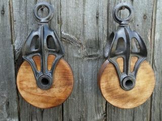 Two Antique/vintage Cast Iron And Wood Pulleys Ornate Rustic Decor